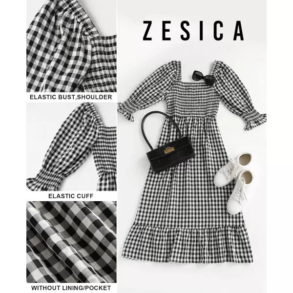 imageZESICA Womens Summer Casual Plaid Square Neck Puff 34 Sleeve Backless Smocked Ruffle Swing Midi DressBlack