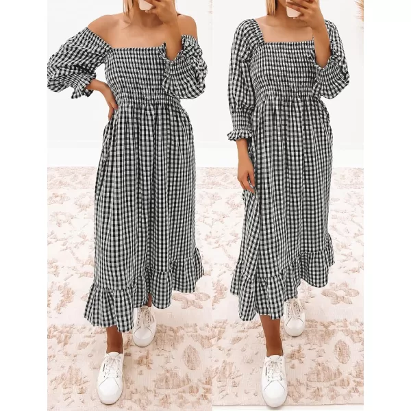 imageZESICA Womens Summer Casual Plaid Square Neck Puff 34 Sleeve Backless Smocked Ruffle Swing Midi DressBlack