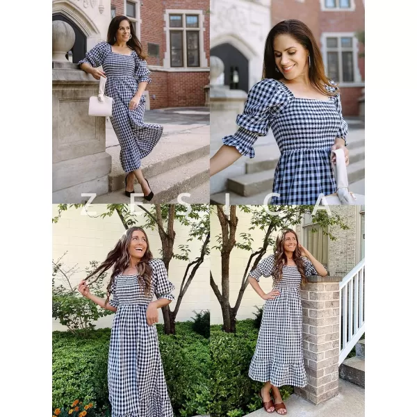 imageZESICA Womens Summer Casual Plaid Square Neck Puff 34 Sleeve Backless Smocked Ruffle Swing Midi DressBlack