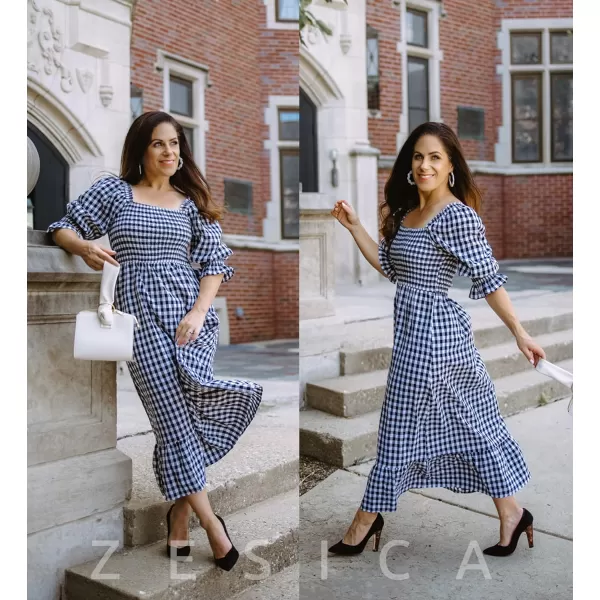 imageZESICA Womens Summer Casual Plaid Square Neck Puff 34 Sleeve Backless Smocked Ruffle Swing Midi DressBlack