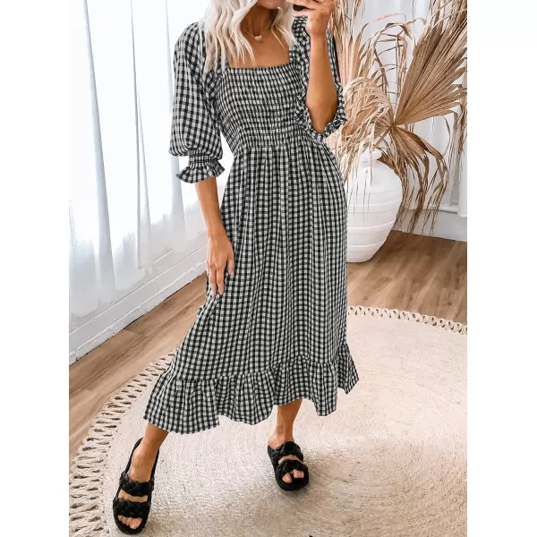 imageZESICA Womens Summer Casual Plaid Square Neck Puff 34 Sleeve Backless Smocked Ruffle Swing Midi DressBlack