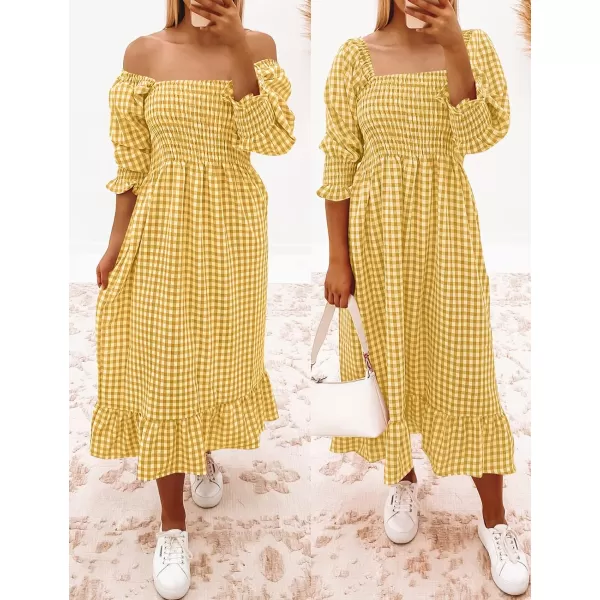 imageZESICA Womens Summer Casual Plaid Square Neck Puff 34 Sleeve Backless Smocked Ruffle Swing Midi DressGinger