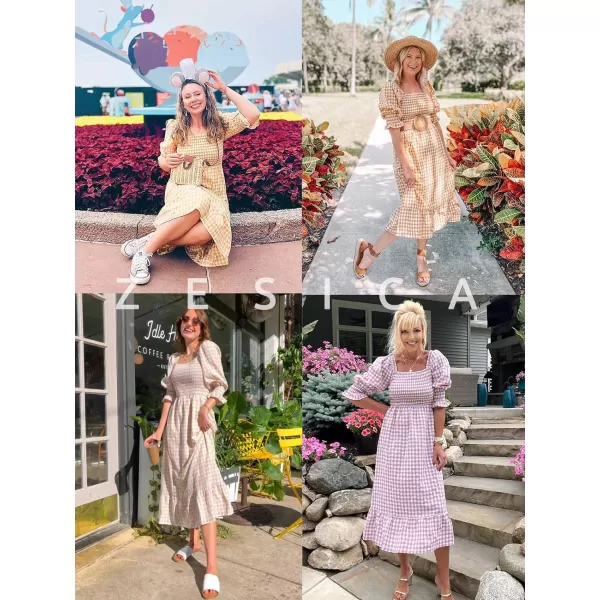 imageZESICA Womens Summer Casual Plaid Square Neck Puff 34 Sleeve Backless Smocked Ruffle Swing Midi DressGinger