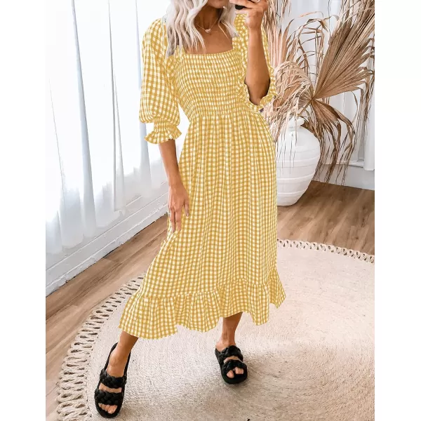 imageZESICA Womens Summer Casual Plaid Square Neck Puff 34 Sleeve Backless Smocked Ruffle Swing Midi DressGinger