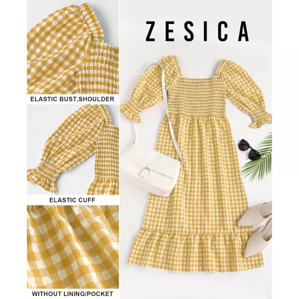 imageZESICA Womens Summer Casual Plaid Square Neck Puff 34 Sleeve Backless Smocked Ruffle Swing Midi DressGinger