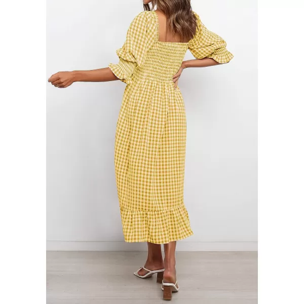 imageZESICA Womens Summer Casual Plaid Square Neck Puff 34 Sleeve Backless Smocked Ruffle Swing Midi DressGinger