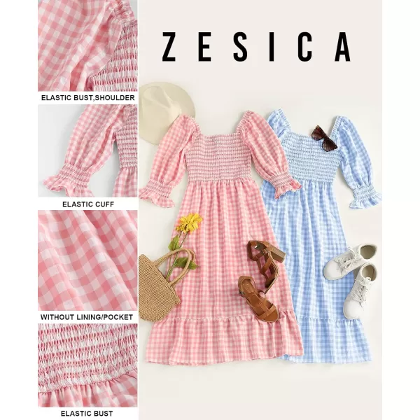 imageZESICA Womens Summer Casual Plaid Square Neck Puff 34 Sleeve Backless Smocked Ruffle Swing Midi DressPink