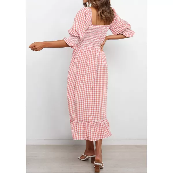 imageZESICA Womens Summer Casual Plaid Square Neck Puff 34 Sleeve Backless Smocked Ruffle Swing Midi DressPink