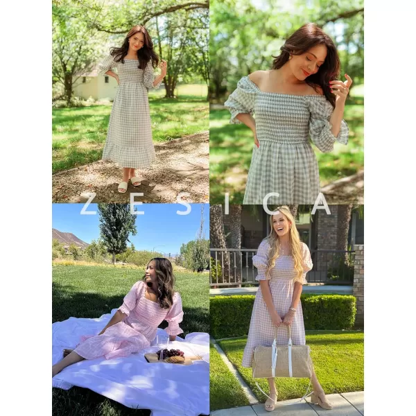 imageZESICA Womens Summer Casual Plaid Square Neck Puff 34 Sleeve Backless Smocked Ruffle Swing Midi DressPink