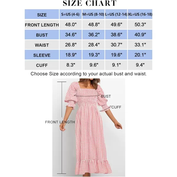 imageZESICA Womens Summer Casual Plaid Square Neck Puff 34 Sleeve Backless Smocked Ruffle Swing Midi DressPink