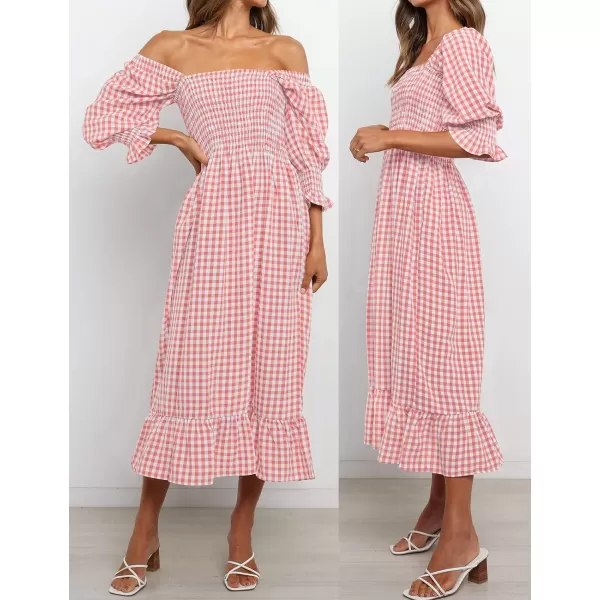 imageZESICA Womens Summer Casual Plaid Square Neck Puff 34 Sleeve Backless Smocked Ruffle Swing Midi DressPink