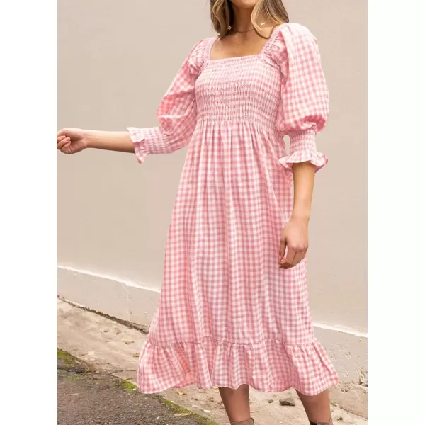 imageZESICA Womens Summer Casual Plaid Square Neck Puff 34 Sleeve Backless Smocked Ruffle Swing Midi DressPink