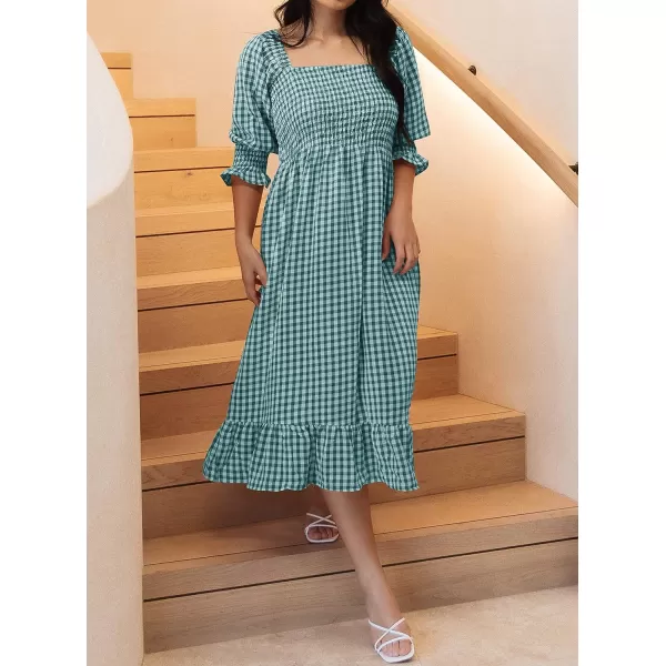 imageZESICA Womens Summer Casual Plaid Square Neck Puff 34 Sleeve Backless Smocked Ruffle Swing Midi DressTeal