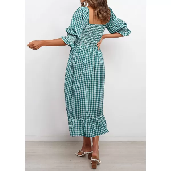 imageZESICA Womens Summer Casual Plaid Square Neck Puff 34 Sleeve Backless Smocked Ruffle Swing Midi DressTeal