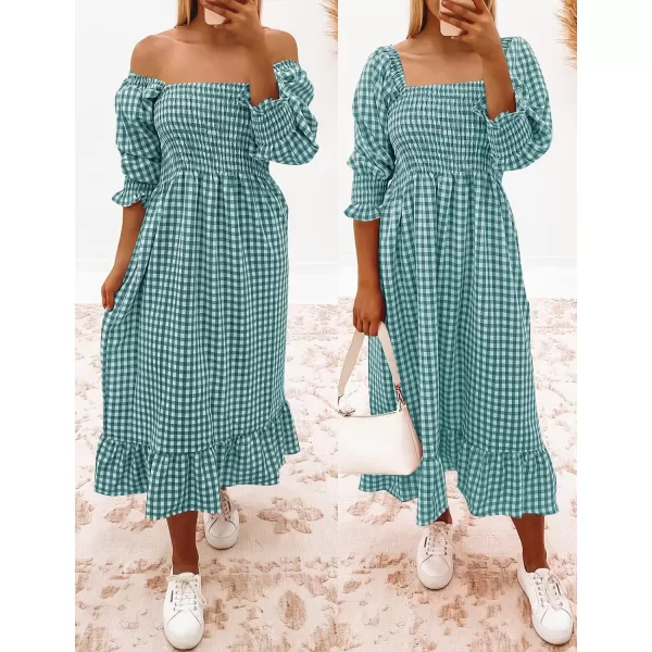 imageZESICA Womens Summer Casual Plaid Square Neck Puff 34 Sleeve Backless Smocked Ruffle Swing Midi DressTeal