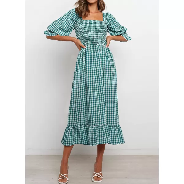 imageZESICA Womens Summer Casual Plaid Square Neck Puff 34 Sleeve Backless Smocked Ruffle Swing Midi DressTeal