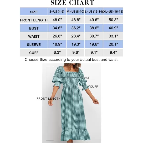 imageZESICA Womens Summer Casual Plaid Square Neck Puff 34 Sleeve Backless Smocked Ruffle Swing Midi DressTeal