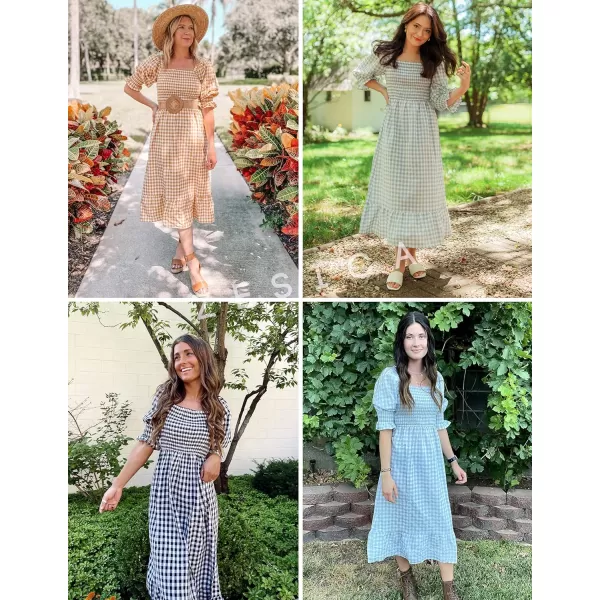 imageZESICA Womens Summer Casual Plaid Square Neck Puff 34 Sleeve Backless Smocked Ruffle Swing Midi DressTeal