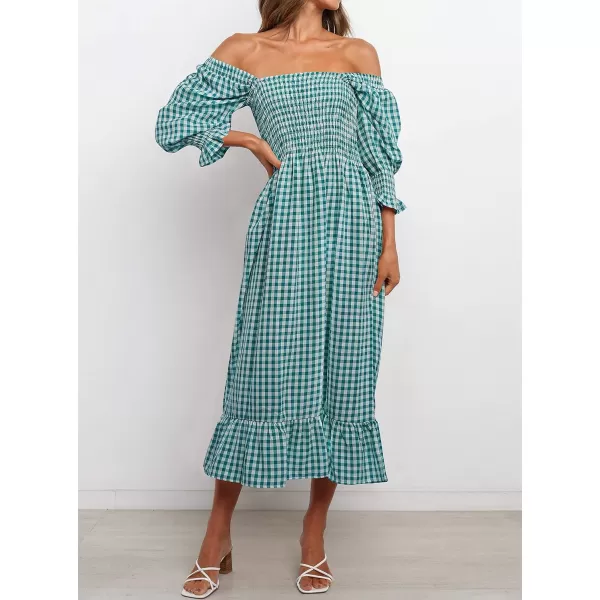 imageZESICA Womens Summer Casual Plaid Square Neck Puff 34 Sleeve Backless Smocked Ruffle Swing Midi DressTeal