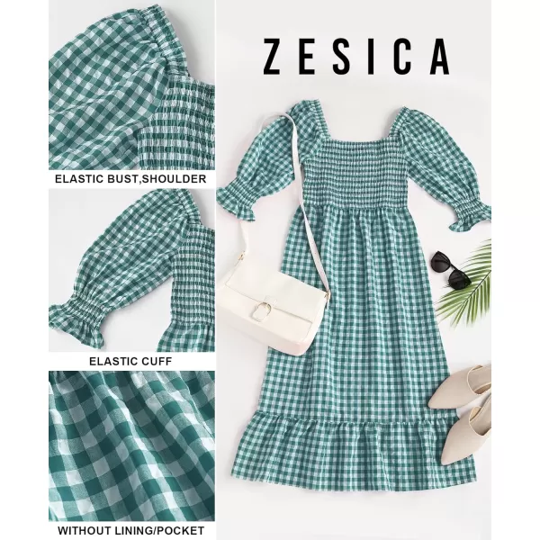 imageZESICA Womens Summer Casual Plaid Square Neck Puff 34 Sleeve Backless Smocked Ruffle Swing Midi DressTeal