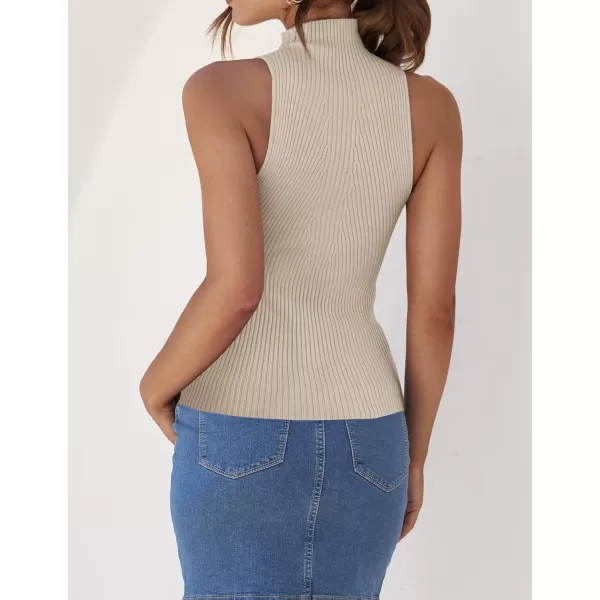 imageZESICA Womens Summer Casual Ribbed Tank Tops Mock Turtle Neck Slim Fitted Basic Knit Sleeveless ShirtsAlmond
