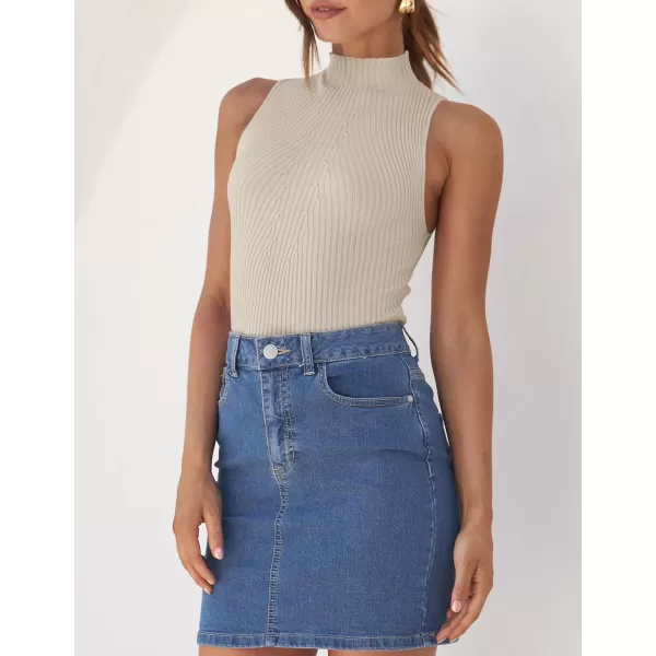 imageZESICA Womens Summer Casual Ribbed Tank Tops Mock Turtle Neck Slim Fitted Basic Knit Sleeveless ShirtsAlmond