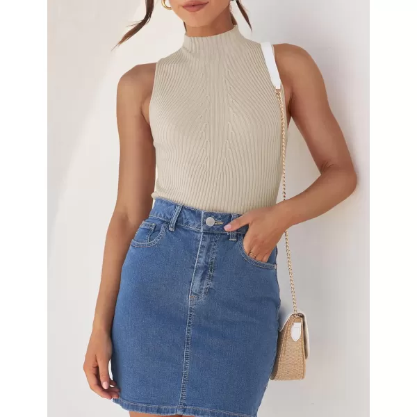 imageZESICA Womens Summer Casual Ribbed Tank Tops Mock Turtle Neck Slim Fitted Basic Knit Sleeveless ShirtsAlmond