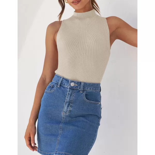 imageZESICA Womens Summer Casual Ribbed Tank Tops Mock Turtle Neck Slim Fitted Basic Knit Sleeveless ShirtsAlmond