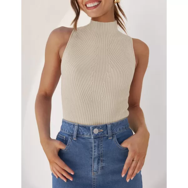 imageZESICA Womens Summer Casual Ribbed Tank Tops Mock Turtle Neck Slim Fitted Basic Knit Sleeveless ShirtsAlmond