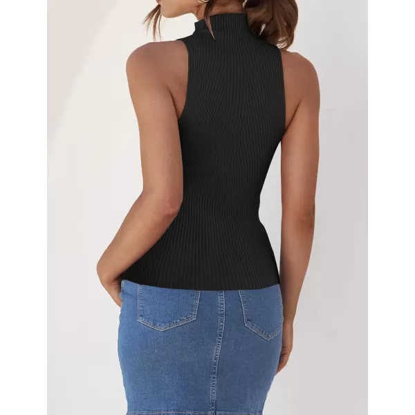 imageZESICA Womens Summer Casual Ribbed Tank Tops Mock Turtle Neck Slim Fitted Basic Knit Sleeveless ShirtsBlack