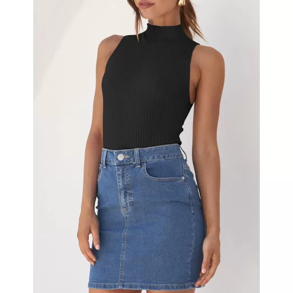 imageZESICA Womens Summer Casual Ribbed Tank Tops Mock Turtle Neck Slim Fitted Basic Knit Sleeveless ShirtsBlack