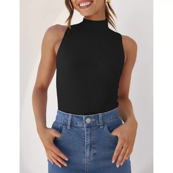imageZESICA Womens Summer Casual Ribbed Tank Tops Mock Turtle Neck Slim Fitted Basic Knit Sleeveless ShirtsBlack