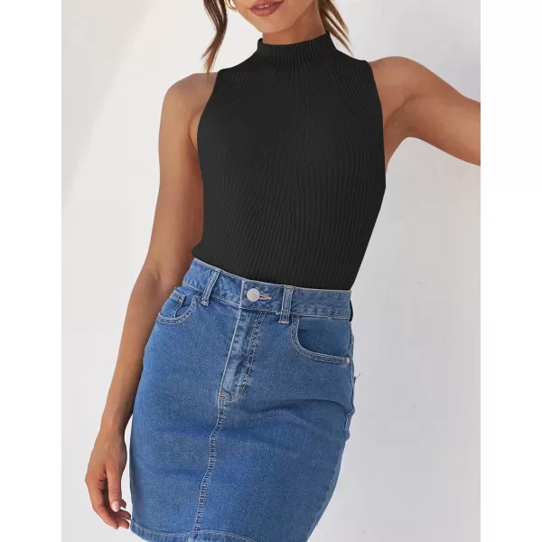 imageZESICA Womens Summer Casual Ribbed Tank Tops Mock Turtle Neck Slim Fitted Basic Knit Sleeveless ShirtsBlack