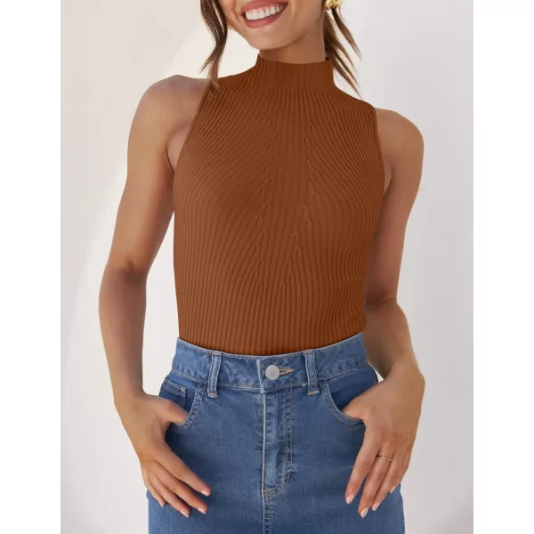 imageZESICA Womens Summer Casual Ribbed Tank Tops Mock Turtle Neck Slim Fitted Basic Knit Sleeveless ShirtsCaramel