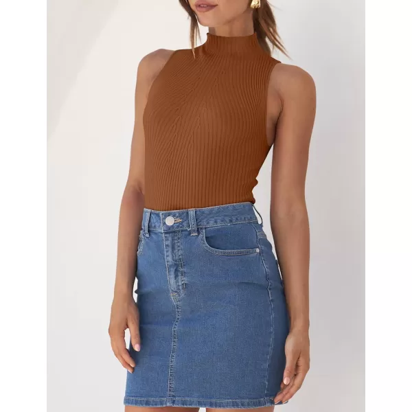 imageZESICA Womens Summer Casual Ribbed Tank Tops Mock Turtle Neck Slim Fitted Basic Knit Sleeveless ShirtsCaramel