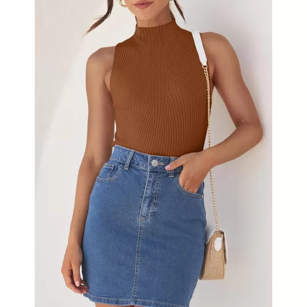 imageZESICA Womens Summer Casual Ribbed Tank Tops Mock Turtle Neck Slim Fitted Basic Knit Sleeveless ShirtsCaramel