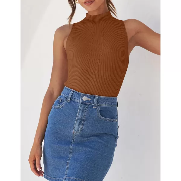 imageZESICA Womens Summer Casual Ribbed Tank Tops Mock Turtle Neck Slim Fitted Basic Knit Sleeveless ShirtsCaramel