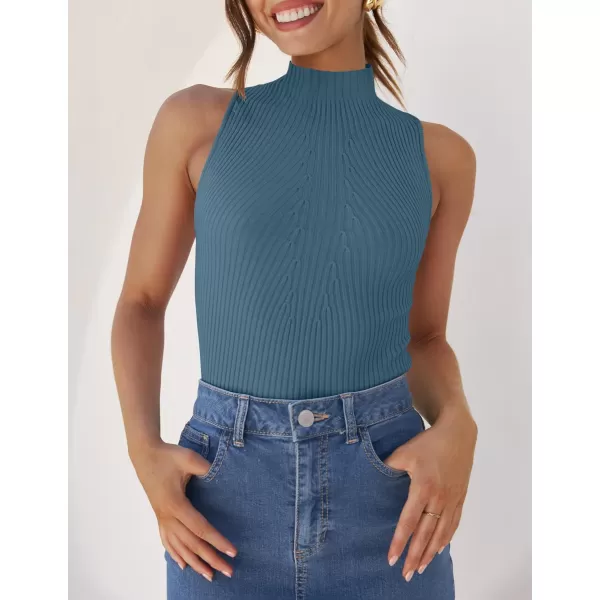 imageZESICA Womens Summer Casual Ribbed Tank Tops Mock Turtle Neck Slim Fitted Basic Knit Sleeveless ShirtsDustyblue