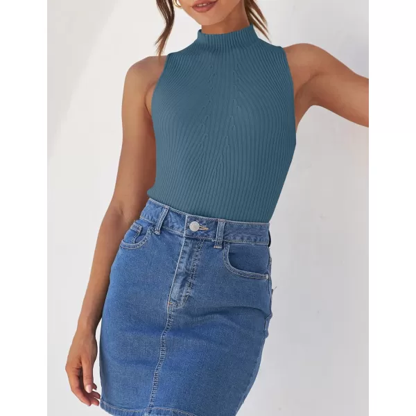 imageZESICA Womens Summer Casual Ribbed Tank Tops Mock Turtle Neck Slim Fitted Basic Knit Sleeveless ShirtsDustyblue