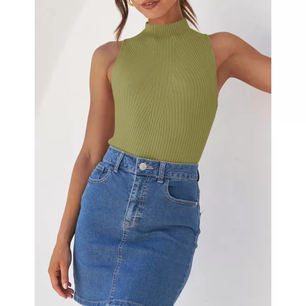 imageZESICA Womens Summer Casual Ribbed Tank Tops Mock Turtle Neck Slim Fitted Basic Knit Sleeveless ShirtsGreen