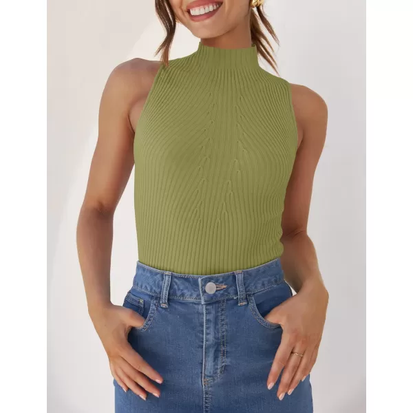 imageZESICA Womens Summer Casual Ribbed Tank Tops Mock Turtle Neck Slim Fitted Basic Knit Sleeveless ShirtsGreen
