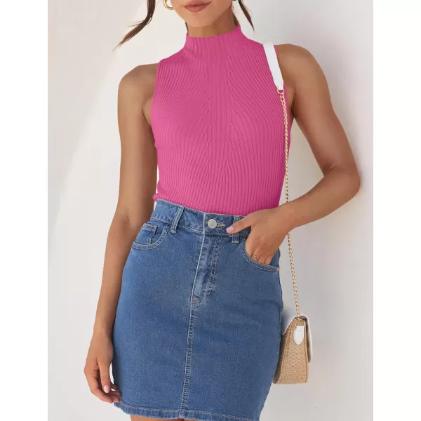 imageZESICA Womens Summer Casual Ribbed Tank Tops Mock Turtle Neck Slim Fitted Basic Knit Sleeveless ShirtsHotpink