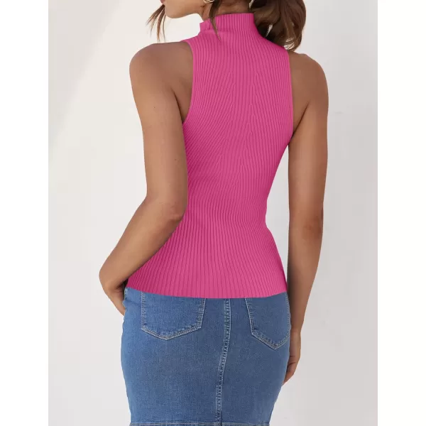 imageZESICA Womens Summer Casual Ribbed Tank Tops Mock Turtle Neck Slim Fitted Basic Knit Sleeveless ShirtsHotpink