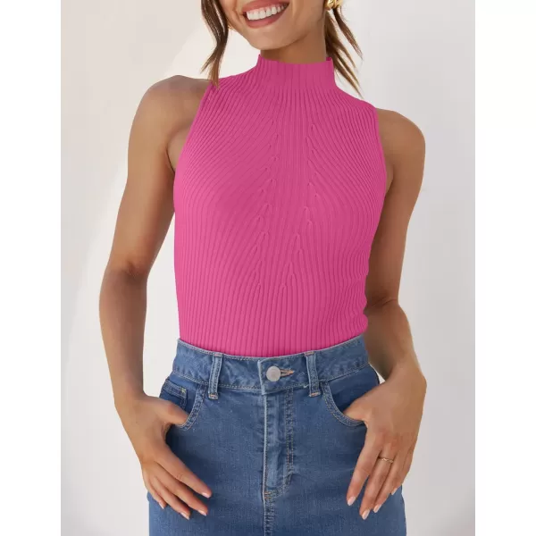 imageZESICA Womens Summer Casual Ribbed Tank Tops Mock Turtle Neck Slim Fitted Basic Knit Sleeveless ShirtsHotpink