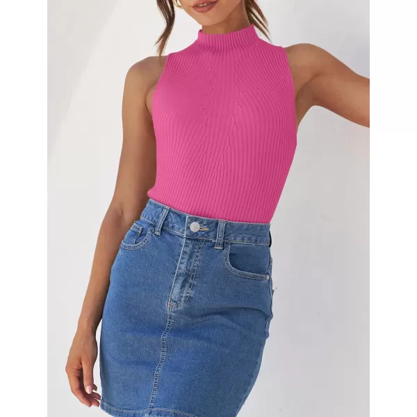 imageZESICA Womens Summer Casual Ribbed Tank Tops Mock Turtle Neck Slim Fitted Basic Knit Sleeveless ShirtsHotpink