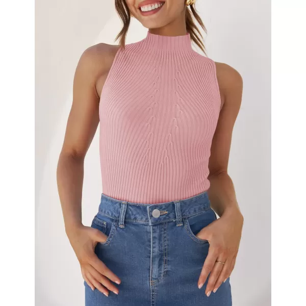 imageZESICA Womens Summer Casual Ribbed Tank Tops Mock Turtle Neck Slim Fitted Basic Knit Sleeveless ShirtsPink
