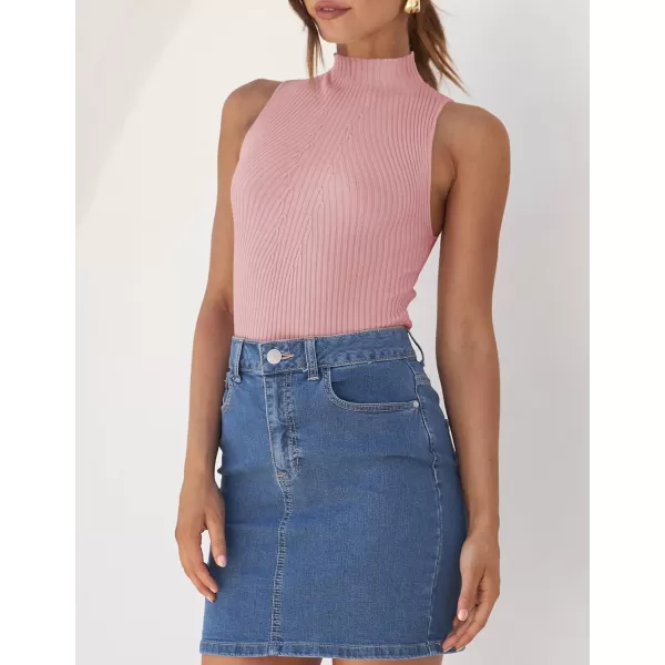 imageZESICA Womens Summer Casual Ribbed Tank Tops Mock Turtle Neck Slim Fitted Basic Knit Sleeveless ShirtsPink