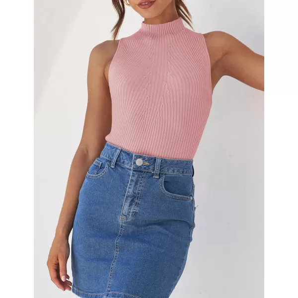 imageZESICA Womens Summer Casual Ribbed Tank Tops Mock Turtle Neck Slim Fitted Basic Knit Sleeveless ShirtsPink