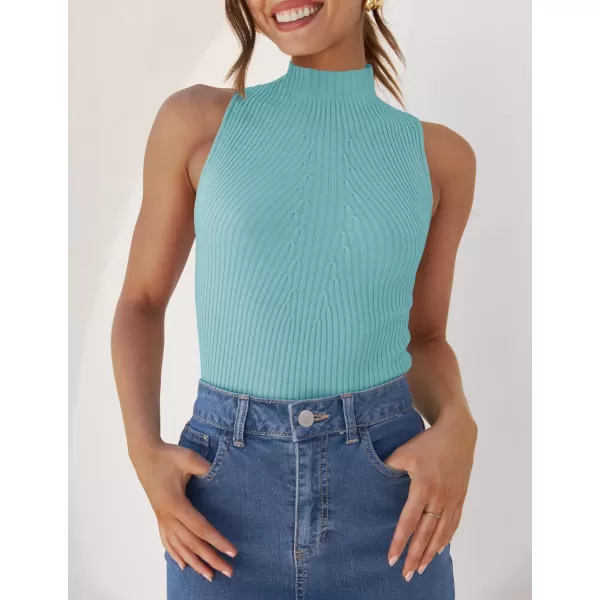 imageZESICA Womens Summer Casual Ribbed Tank Tops Mock Turtle Neck Slim Fitted Basic Knit Sleeveless ShirtsSage