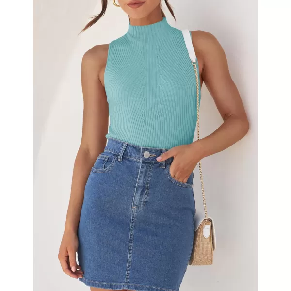 imageZESICA Womens Summer Casual Ribbed Tank Tops Mock Turtle Neck Slim Fitted Basic Knit Sleeveless ShirtsSage